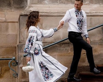 Weiß Leinen bestickte Kleid Hochzeit mit Stickerei Ukrainische Vyshyvanka Kleid Ethnische Kaftan Stil Geschenk für sie Ostern