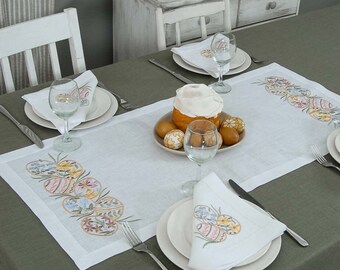 Weiße Tischdecke aus Leinen, 90 x 40 cm + 4 Servietten, weiß, „Weihnachtsstimmung“, Tischdecke aus Leinen mit ukrainischer Stickerei, Ostergeschenk für sie, Ostern