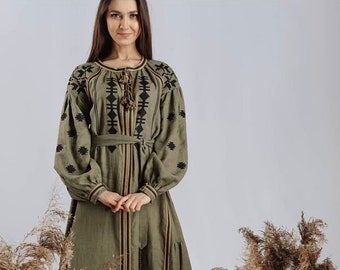 Linen Embroidered Dress with Embroidery Ukrainian Vyshyvanka Dress Embroidered Dress, Caftan Boho style Christmas Ukraine seller