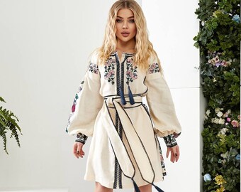 Milk-colored Linen Woman Dress with Embroidery, White Linen Dress with Long Sleeve, Ukrainian Dress for Woman with Ukrainian Vyshyvanka