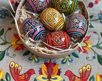 Set 6 Easter wooden eggs with wooden box, Ukrainian traditional pysanky, Hand painted ornament eggs, Ukraine souvenir and Hand made painting