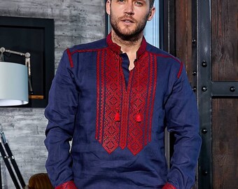 Blue Linen Shirt Ukrainian shirt for men Embroidered shirt,Men's embroidered Traditional Vyshyvanka, Gift for Him, Gift for Husband