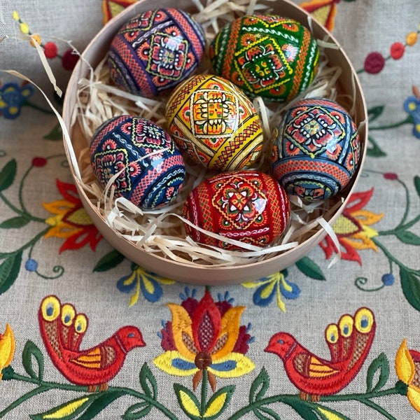 Set 6 Easter wooden eggs with wooden box, Ukrainian traditional pysanky, Hand painted ornament eggs, Ukraine souvenir and Hand made painting