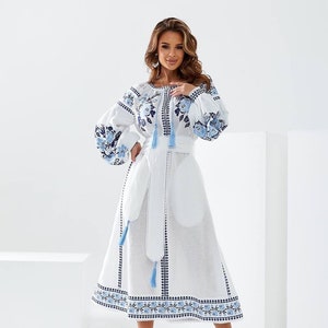 White Wedding Linen Dress with Exquisite Ukrainian Vyshyvanka Blue Embroidery Linen Embroidered Dress Ukrainian Boho style gift