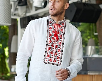 2026 Biała lniana koszula, ukraińska koszula męska, koszula haftowana, męska haftowana tradycyjna wyszywanka, prezent dla niego, prezent dla męża