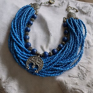 SET Blue Necklace + Earrings Ukrainian Traditional Jewelry Ethnic Ceramic Multirow Necklace of Glass Beads With Contempt Gift for Her Wife