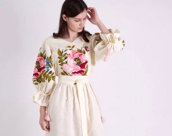 2026 New! Linen Embroidered Dress with Embroidery Ukrainian Vyshyvanka Dress Dress Kaftan Abaya, Caftan Boho style Christmas Ukrainian dress