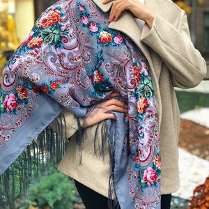 Ukrainische Wolle 80% Schal Grau, Traditionelle Ukrainisch, Geschenke für Frauen, Mutter, Tochter Boho Schal Blume, Kleidung MUTTER Weihnachtsgeschenk