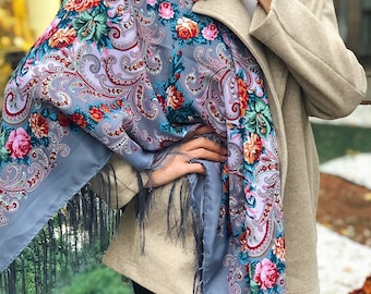 Ukrainian wool 80% shawl Gray, Traditional Ukrainian, gifts for women, Mom,Daughter bohemian scarf flower, clothings MOTHER Christmas Gift