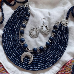Blue Ukrainian Moon Necklace + Earrings Traditional Ethnic Jewelry for Women Beads Necklace Ethnic Multirow Necklace of Glass Beads Folk Art