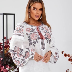 White Ukrainian vyshyvanka blouse Traditional Vyshyvanka Blouse Tender Pink Embroidery bohemian ethnic boho chic peasant Gift for Her