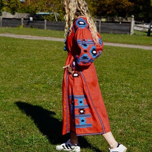 2025 New! Red Linen Embroidered Dress with Embroidery Ukrainian Vyshyvanka Dress Mexican Dress Kaftan Abaya, Caftan Boho style Vita Kin