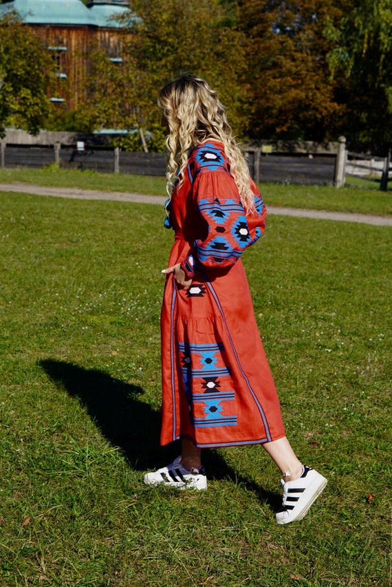 2026 New! Red Linen Embroidered Dress With Embroidery Ukrainian Vyshyvanka  Dress Mexican Dress Kaftan Abaya, Caftan Boho Style Vita Kin - Etsy Israel