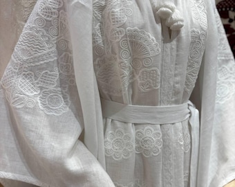 White Linen Embroidered Wedding Dress, Ukrainian Vyshyvanka Kaftan Abaya, Boho Mexican Style, Bridesmaid Gift, Ethnic Ukrainian Clothes