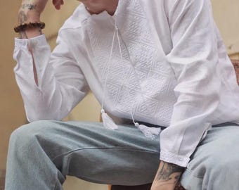 White Linen Embroidered Shirt Vyshyvanka Men Ukrainian Boho Top Ethnic Clothing White on White