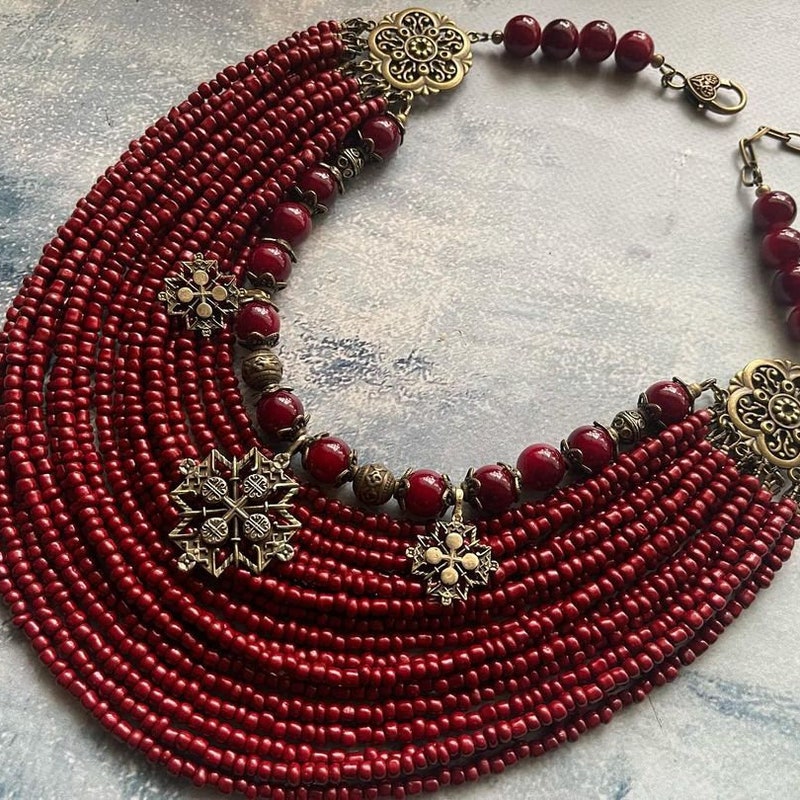 Red Ukrainian Traditional necklace Jewelry Ethnic ceramics Multirow Necklace of Natural corals with contempt Gift for Her Gift for Wife