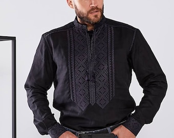 Camisa negra bordada, camisa de diseñador para hombre, camisa de lino, traje folklórico étnico bohemio, arte popular, camisa folclórica, cosaco, Ucrania