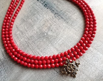 Exquisite Handmade Red Coral Necklace, Traditional Ukrainian Long Jewelry, Unique Coral Necklace, Elegant Woman's Red Coral Jewellery
