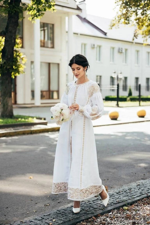 knee length dresses for ladies Erica Tanov | Rekha Linen Hand Embroidered Dress