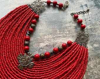 Elegant Ukrainian Red Coral Necklace, Handcrafted Red Coral Beads, Timeless Gift for Wife or Mom, Ukrainian Tradition in Handmade Jewelry