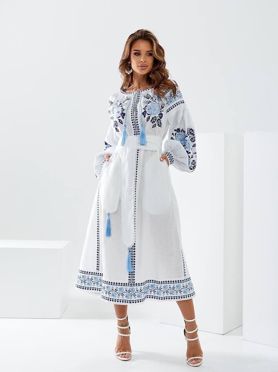 White Wedding Linen Dress with Exquisite Ukrainian Vyshyvanka Blue Embroidery Linen Embroidered Dress Ukrainian Boho style gift White Wedding Linen Dress with Exquisite Ukrainian Vyshyvanka Blue Embroidery Linen Embroidered Dress Ukrainian Boho style gift