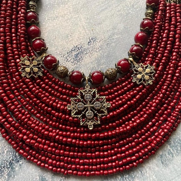 Collier traditionnel ukrainien rouge 2024 Bijoux Collier ethnique à plusieurs rangs de perles de verre antiques avec mépris Cadeau pour elle