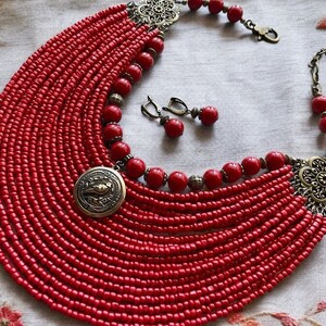 2025 SET Red Necklace + Earrings Ukrainian Traditional Jewelry Ethnic ceramics Multirow Necklace of glass beads with contempt Gift for Her