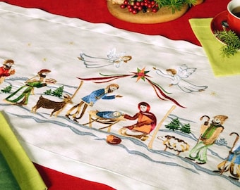 Camino de mesa navideño de lino bordado, escena de la Natividad (90 x 40 cm)