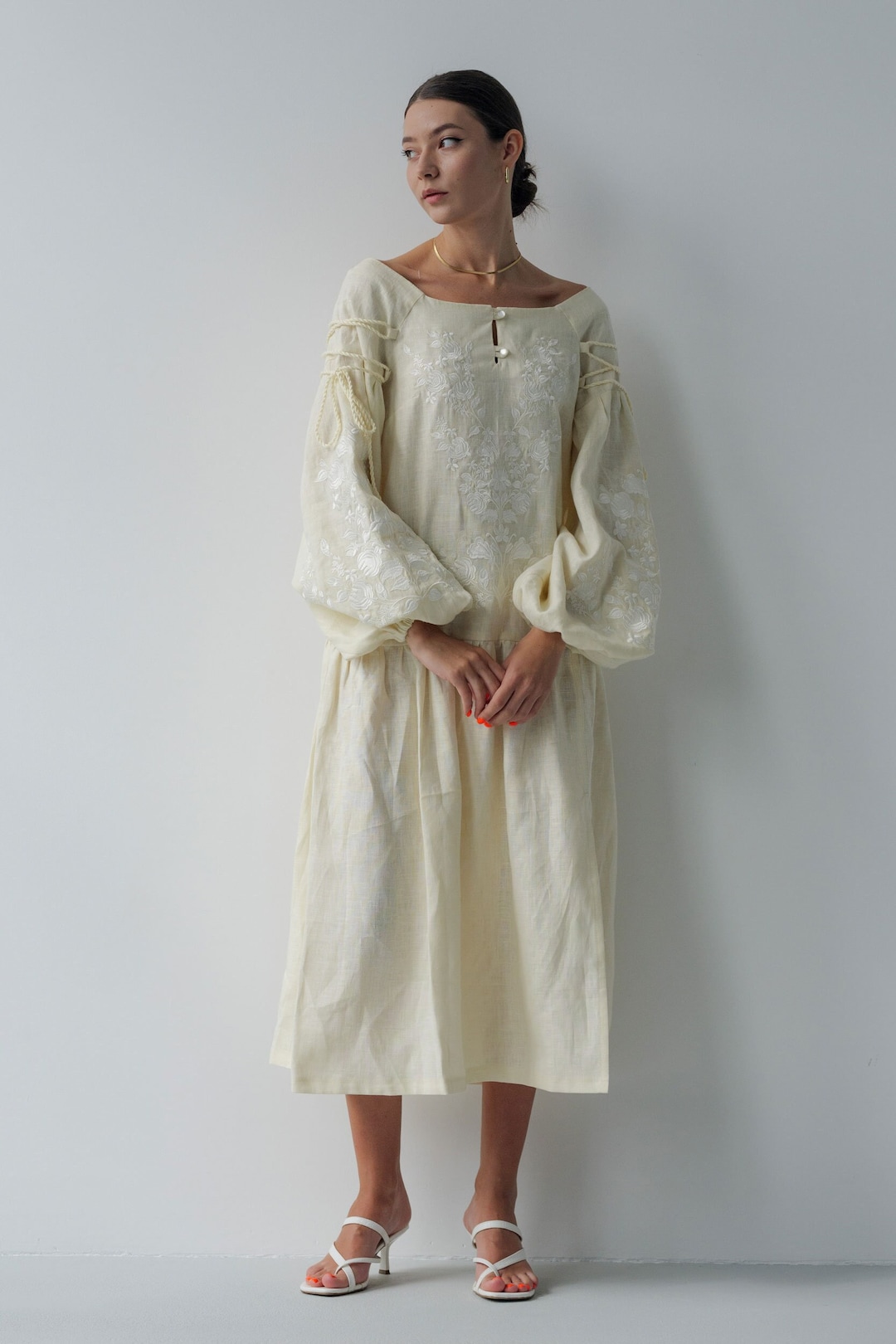New! Beige Linen Dress With Exquisite Ukrainian Embroidery, Vyshyvanka ...