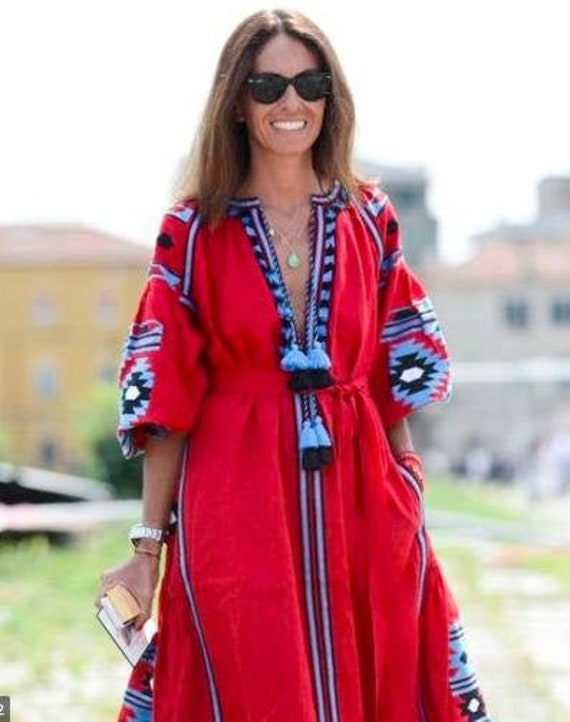 2024 New Red Linen Embroidered Dress With Embroidery Ukrainian