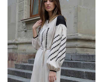 2026 New! Linen Embroidered Dress with Embroidery Ukrainian Vyshyvanka Dress Mexican Dress Kaftan Abaya, Caftan Boho styleMOTHERS DAY