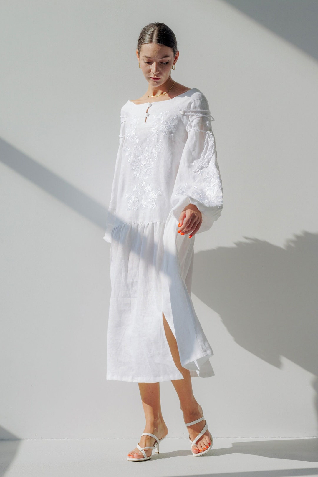Embroidered linen white color dress 