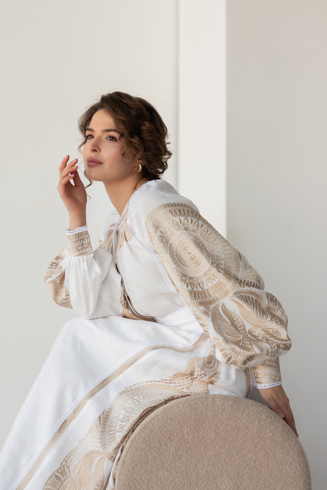Lillie Ukrainian Embroidered Dress | Wheat/White