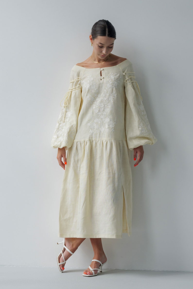 New! Beige Linen Dress With Exquisite Ukrainian Embroidery, Vyshyvanka ...