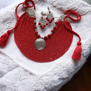 SET Red Necklace + Earrings Ukrainian Traditional Jewelry Ethnic Multirow Necklace of glass beads with contempt Gift for Her