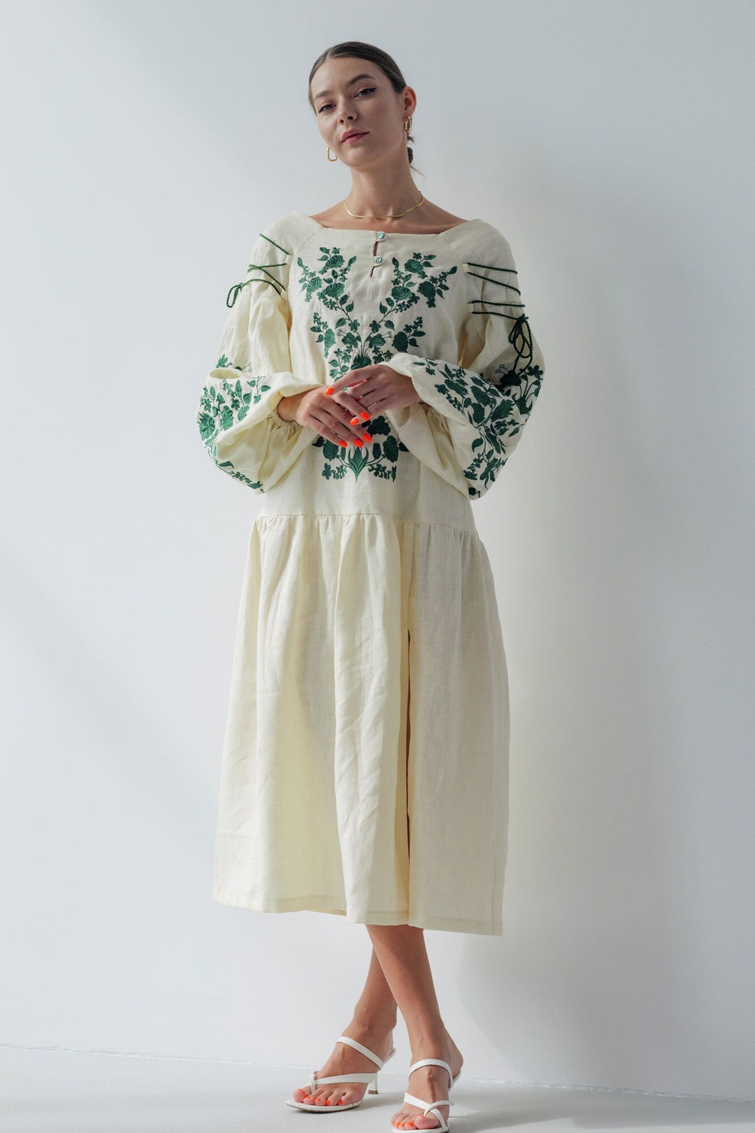 New! Beige Linen Dress With Exquisite Ukrainian Embroidery, Vyshyvanka ...