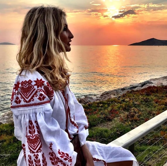 White Wedding dress Ukrainian vyshyvanka Linen Dress, Gift for Wife, Boho Dress,Gift for Her, Gift for Mother , vyshyvanka Dress
