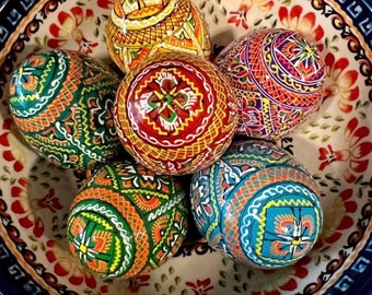 Set van 6 handgeschilderde houten Pysanky - Oekraïense traditionele paaseieren, volkskunstdecor, handgemaakte verzamelgeschenken