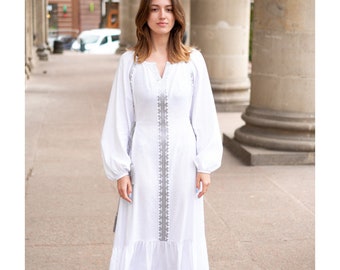 2026 New! Linen Embroidered Dress with Embroidery Ukrainian Vyshyvanka Dress Mexican Dress Kaftan Abaya, Caftan Boho styleMOTHERS DAY