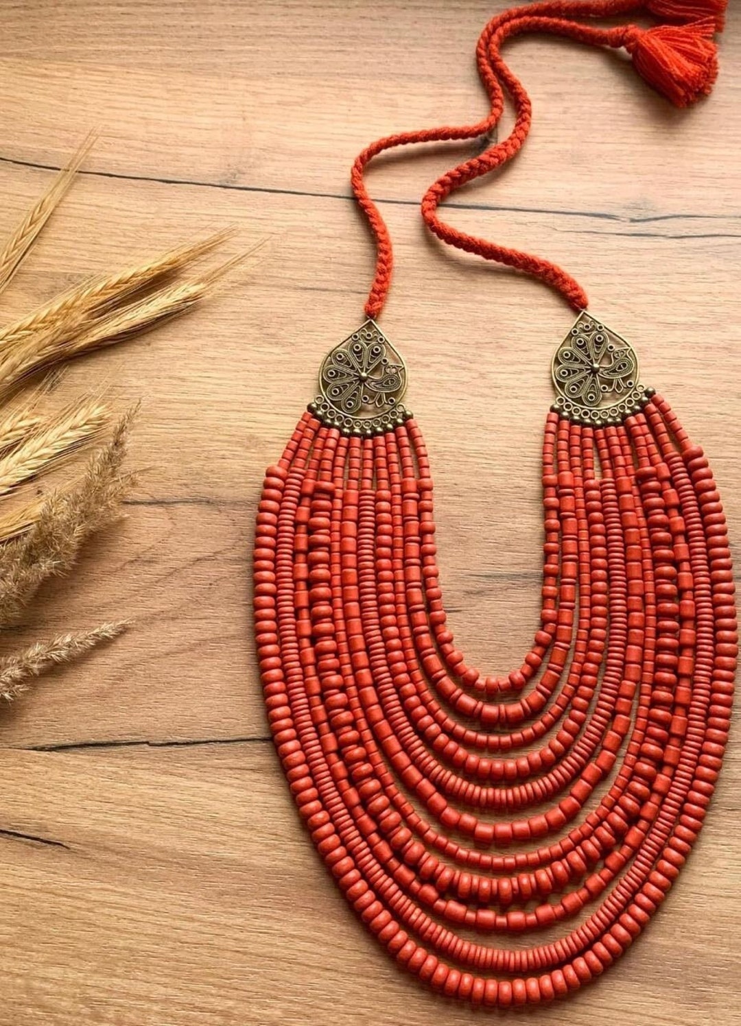 Red Ukrainian Traditional Multirow Necklace – Ethnic Antique Glass Bead Jewelry main image 1