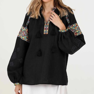 Black Ukrainian Vyshyvanka Blouse Ukrainian Embroidered Blouse Vyshyvanka Bohemian Ethnic Shirt Boho Chic Peasant Folk Art Gift for Her