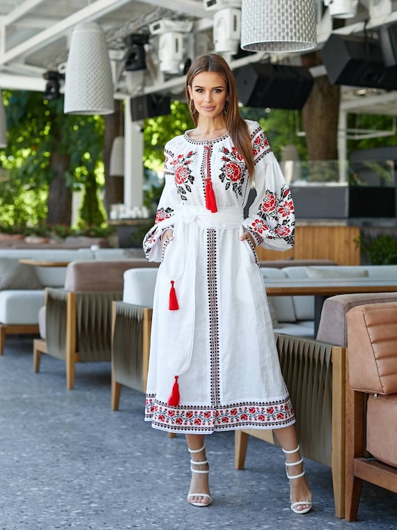 White Linen Dress with Red Ukrainian Embroidery Boho Style Wedding Guest Boho Style Wedding White Linen Dress with Red Ukrainian Embroidery Boho Style Wedding Guest Boho Style Wedding