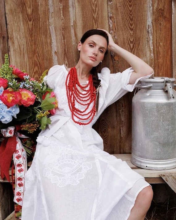 White Ethnic Brides Dress Linen Ukrainian Embroidered Dress, Folk Linen Dress, Midsommar Dress, Boho White Wedding Dress