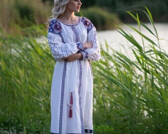Biała suknia wieczorowa dla panny młodej, haftowana sukienka lniana z ukraińską wyszywanką, sukienka etniczna z długim rękawem, sukienka ukraińska
