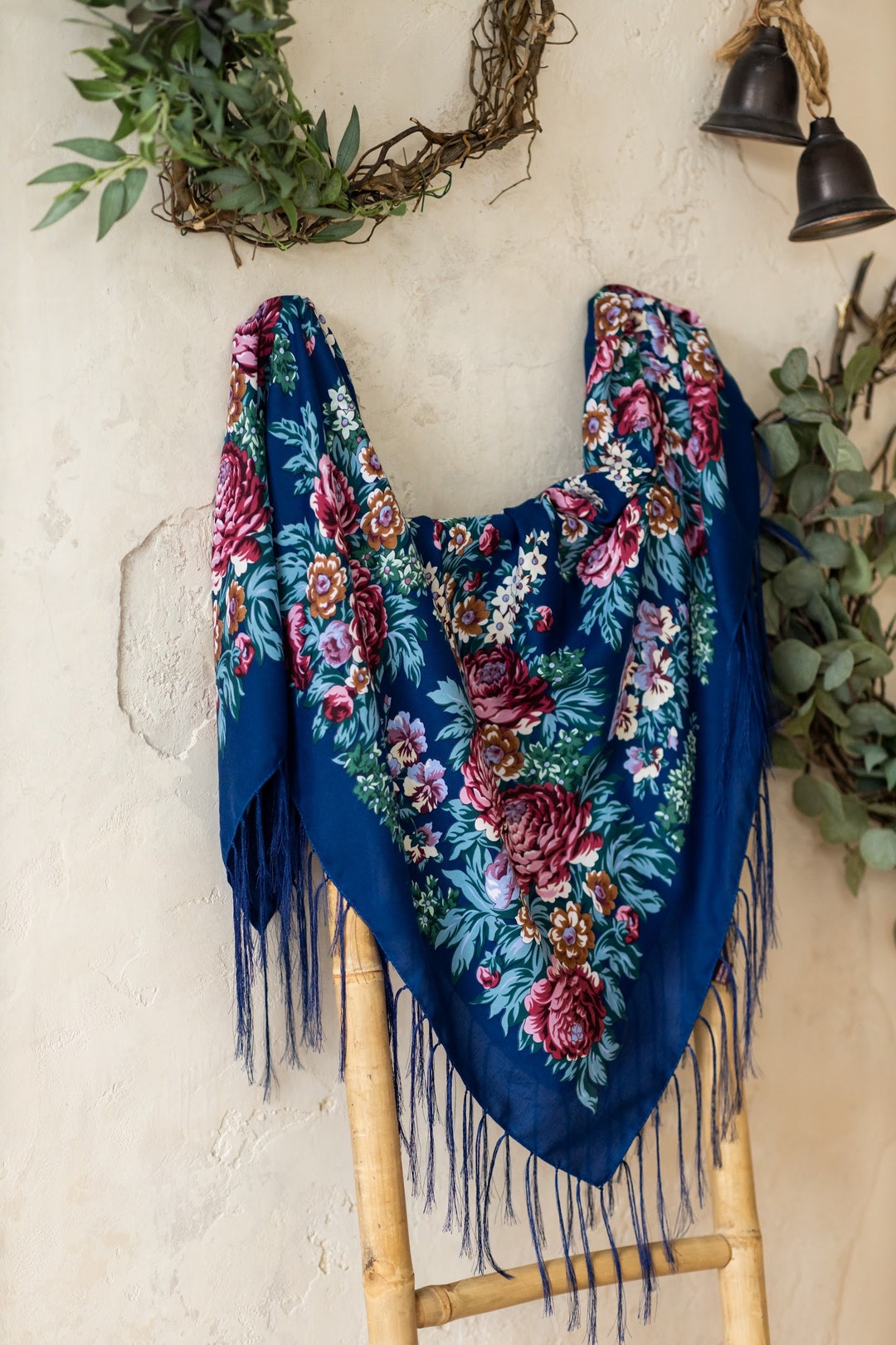 Blue Wool Shawl - Slavic Shawls, Floral Ukrainian Ethnic Shawl, Blue ...