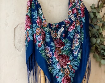 Blue Wool Shawl - Slavic Shawls, Floral Ukrainian Ethnic Shawl, Blue Woman Shawl, Gifts for Women, Girls, Mom, Mother's Gift