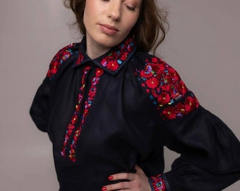 Dark blue embroidered blouse  Ukrainian vyshyvanka Ukrainian blouse bohemian ethnic shirt boho chic peasant Gift for Her