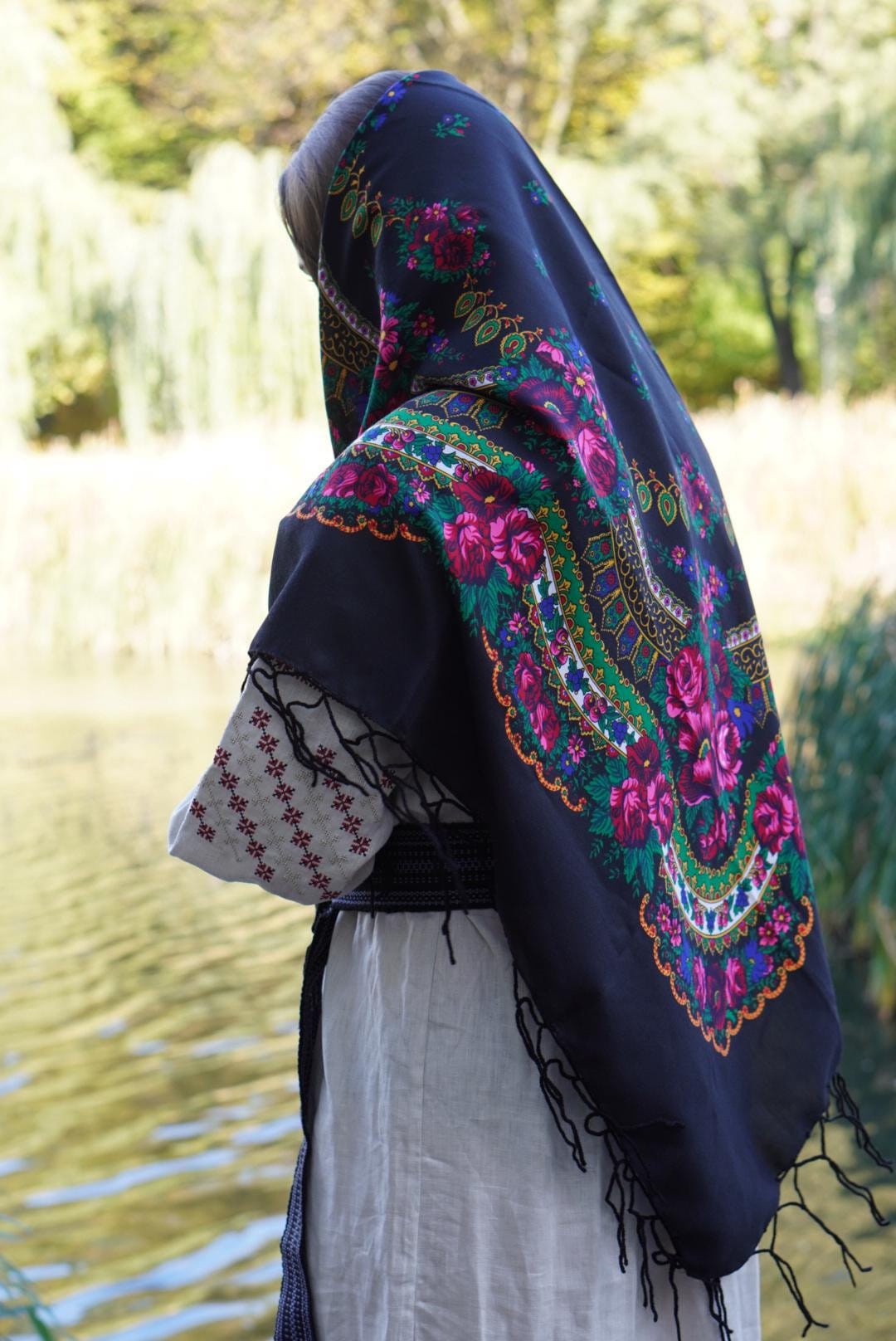 Green Ukrainian shawl Traditional Mom shawl bohemian scarf flower clothings