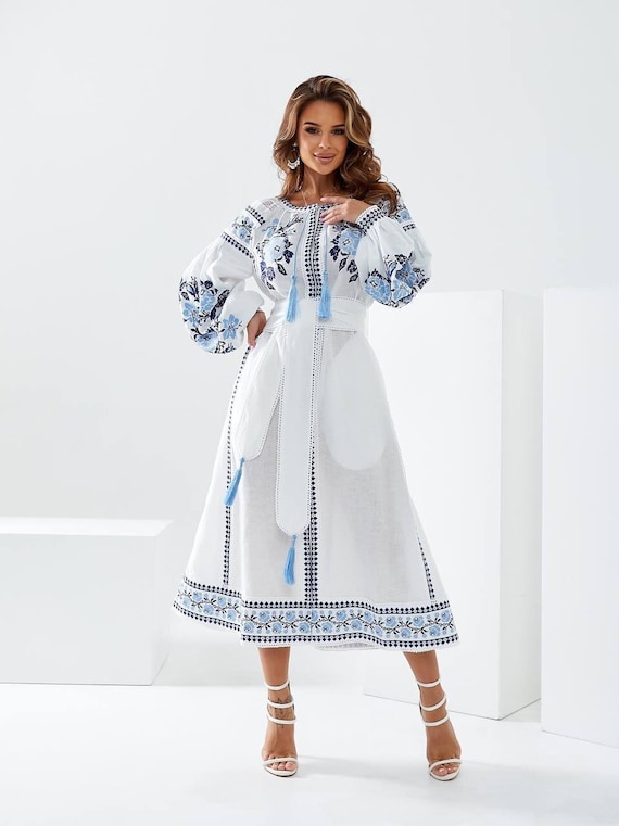 White Wedding Linen Dress With Exquisite Ukrainian Vyshyvanka Blue  Embroidery Linen Embroidered Dress Ukrainian Boho Style Gift - Etsy