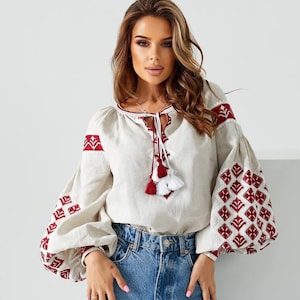Natural Linen Ukrainian vyshyvanka blouse Ukrainian embroidered blouse bohemian ethnic shirt boho chic peasant Gift for Her Wife Christmas